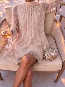 Flora Isola Flora Isola Women's Spring Summer Autumn Date Party Gathering Ball Jacquard Stand Collar Flare Sleeve Balloon Dress - Pink - View 4