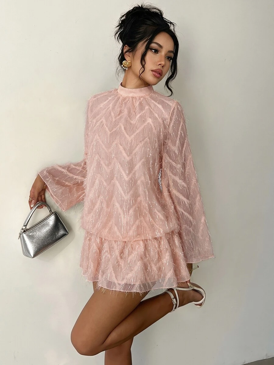 Flora Isola Flora Isola Women's Spring Summer Autumn Date Party Gathering Ball Jacquard Stand Collar Flare Sleeve Balloon Dress - Pink - View 1