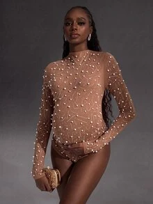 Cheriluna Maternity Maternity Mock Neck Long Sleeve Faux Pearl Decor Photography Jumpsuit - Brown - View 1