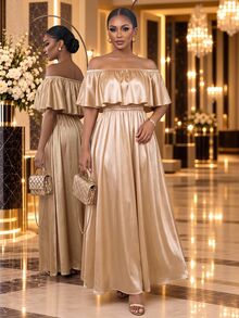 SHEIN Lady CURVE Plus Size Satin Cold Shoulder Dress Wedding Vacation Evening Formal Dinner Cocktail Soft Yellow Autumn Luxury Party Fall Wedding Dress Prom Gold Dress - Black - View 3