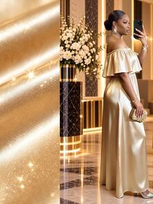 SHEIN Lady CURVE Plus Size Satin Cold Shoulder Dress Wedding Vacation Evening Formal Dinner Cocktail Soft Yellow Autumn Luxury Party Fall Wedding Dress Prom Gold Dress - Black - View 2