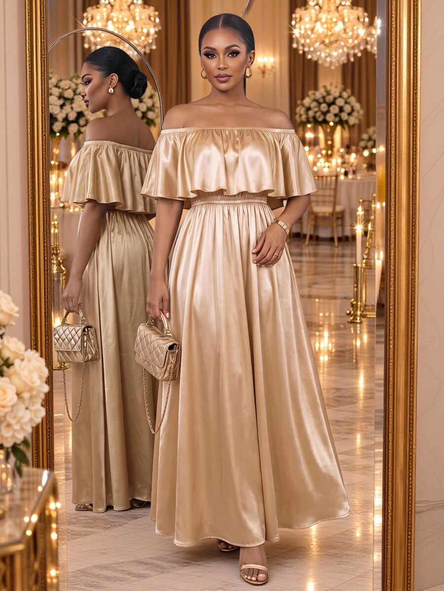 SHEIN Lady CURVE Plus Size Satin Cold Shoulder Dress Wedding Vacation Evening Formal Dinner Cocktail Soft Yellow Autumn Luxury Party Fall Wedding Dress Prom Gold Dress - Black - View 1