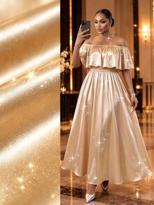 SHEIN Lady CURVE Plus Size Satin Cold Shoulder Dress Wedding Vacation Evening Formal Dinner Cocktail Soft Yellow Autumn Luxury Party Fall Wedding Dress Prom Gold Dress - Black - View 4