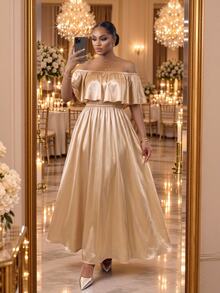 SHEIN Lady CURVE Plus Size Satin Cold Shoulder Dress Wedding Vacation Evening Formal Dinner Cocktail Soft Yellow Autumn Luxury Party Fall Wedding Dress Prom Gold Dress - Black - View 5