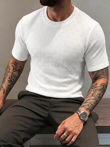 Manfinity CasualCool Men's Plus Size Summer Casual Solid Color Textured T-Shirt - White - View 5