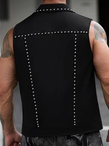 Manfinity CasualCool 男士街頭金屬鉚釘背心，黑色與銀色哥德風電音派對搖滾風背心外套，約會之夜晚裝秋季款 - 黑色 - 查看 2