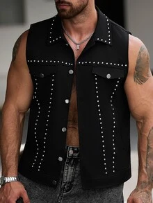 Manfinity CasualCool 男士街頭金屬鉚釘背心，黑色與銀色哥德風電音派對搖滾風背心外套，約會之夜晚裝秋季款 - 黑色 - 查看 7
