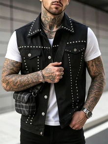 Manfinity CasualCool 男士街頭金屬鉚釘背心，黑色與銀色哥德風電音派對搖滾風背心外套，約會之夜晚裝秋季款 - 黑色 - 查看 9