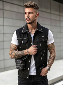 Manfinity CasualCool 男士街頭金屬鉚釘背心，黑色與銀色哥德風電音派對搖滾風背心外套，約會之夜晚裝秋季款 - 黑色 - 查看 1