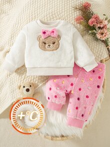 SHEIN 2件組女嬰可愛甜美粉白毛絨熊 3D蝴蝶結長袖圓領加厚運動衫褲套裝 波點 秋冬生日派對穿著 - 淺粉色 - 查看 4