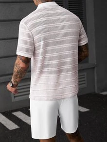 Manfinity CasualCool 男士粉色與白色拼色短袖 Polo 衫與短褲休閒熱帶日常套裝 度假海灘夏季穿搭 - 白色 - 查看 8