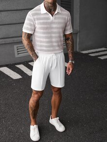 Manfinity CasualCool 男士粉色與白色拼色短袖 Polo 衫與短褲休閒熱帶日常套裝 度假海灘夏季穿搭 - 白色 - 查看 6