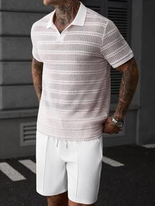 Manfinity CasualCool 男士粉色與白色拼色短袖 Polo 衫與短褲休閒熱帶日常套裝 度假海灘夏季穿搭 - 白色 - 查看 4