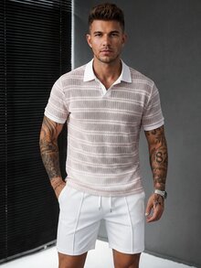 Manfinity CasualCool 男士粉色與白色拼色短袖 Polo 衫與短褲休閒熱帶日常套裝 度假海灘夏季穿搭 - 白色 - 查看 1