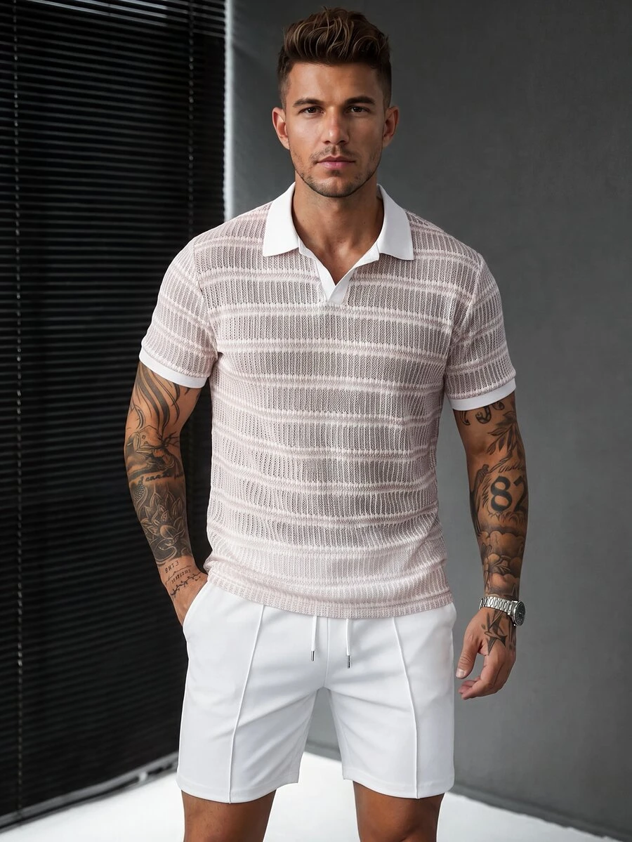Manfinity CasualCool 男士粉色與白色拼色短袖 Polo 衫與短褲休閒熱帶日常套裝 度假海灘夏季穿搭 - 白色 - 查看 1