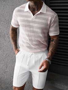 Manfinity CasualCool 男士粉色與白色拼色短袖 Polo 衫與短褲休閒熱帶日常套裝 度假海灘夏季穿搭 - 白色 - 查看 2