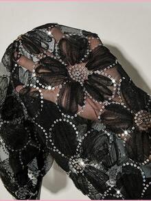 EMERY ROSE Blus Wanita Ukuran Plus Elegan Motif Bunga Payet Jala Patchwork Manik-manik Dekorasi Formal Malam Hitam Musim Gugur - Hitam - View 5