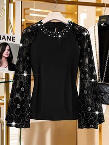 EMERY ROSE Blus Wanita Ukuran Plus Elegan Motif Bunga Payet Jala Patchwork Manik-manik Dekorasi Formal Malam Hitam Musim Gugur - Hitam - View 1