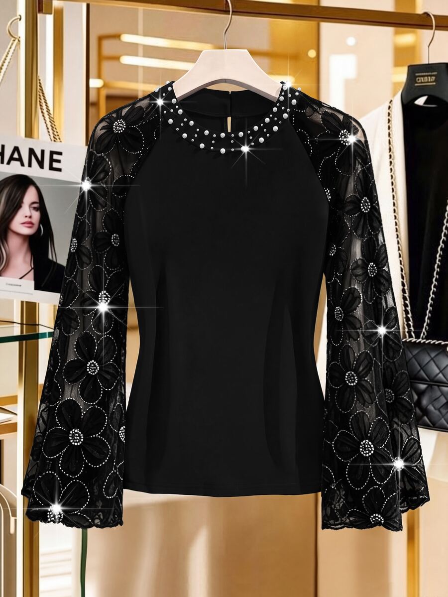 EMERY ROSE Blus Wanita Ukuran Plus Elegan Motif Bunga Payet Jala Patchwork Manik-manik Dekorasi Formal Malam Hitam Musim Gugur - Hitam - View 1