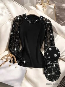 EMERY ROSE Blus Wanita Ukuran Plus Elegan Motif Bunga Payet Jala Patchwork Manik-manik Dekorasi Formal Malam Hitam Musim Gugur - Hitam - View 3