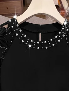 EMERY ROSE Blus Wanita Ukuran Plus Elegan Motif Bunga Payet Jala Patchwork Manik-manik Dekorasi Formal Malam Hitam Musim Gugur - Hitam - View 4