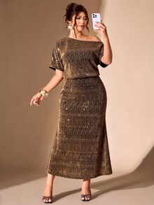 Cravure Plus Size Women's Solid Color Asymmetrical Shoulder Casual Everyday Summer Dress - Coffee Brown - View 5