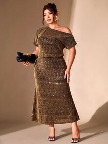 Cravure Plus Size Women's Solid Color Asymmetrical Shoulder Casual Everyday Summer Dress - Coffee Brown - View 3
