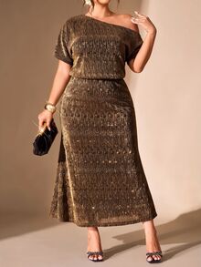 Cravure Plus Size Women's Solid Color Asymmetrical Shoulder Casual Everyday Summer Dress - Coffee Brown - View 4