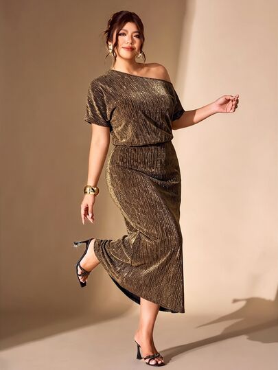 Cravure Plus Size Women's Solid Color Asymmetrical Shoulder Casual Everyday Summer Dress