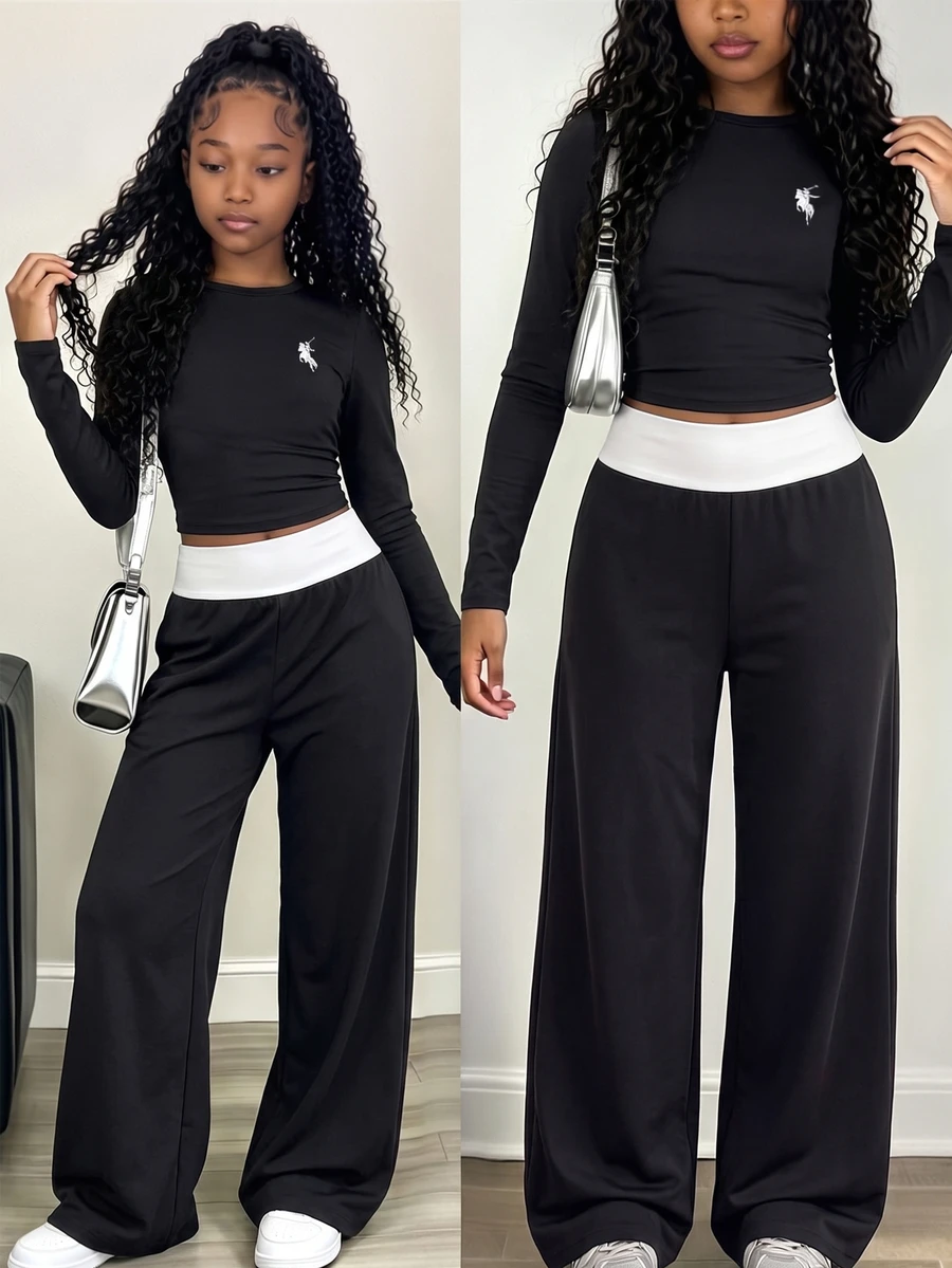SHEIN Girls Casual Comfortable Slim Fit Long Sleeve T-Shirt & Comfortable Elastic Waist Wide Leg Loose Pants 2pcs Set - Black - View 1