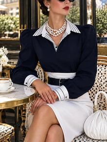 SHEIN French Style Commuter Vintage Colorblock Lapel Petal Sleeve Blouse - Royal Blue - View 8