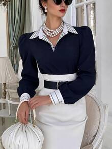 SHEIN French Style Commuter Vintage Colorblock Lapel Petal Sleeve Blouse - Royal Blue - View 3