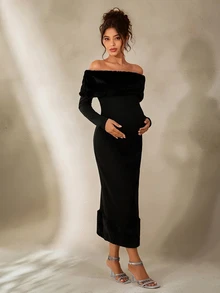 Cheriluna Maternity 孕妇摄影礼服，仿毛领连衣裙/优雅派对礼服/黑色连衣裙/冬季连衣裙 - 黑色 - 查看 5