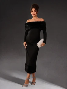 Cheriluna Maternity 孕妇摄影礼服，仿毛领连衣裙/优雅派对礼服/黑色连衣裙/冬季连衣裙 - 黑色 - 查看 1