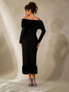 Cheriluna Maternity 孕妇摄影礼服，仿毛领连衣裙/优雅派对礼服/黑色连衣裙/冬季连衣裙 - 黑色 - 查看 3