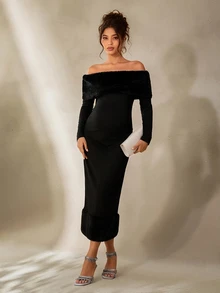 Cheriluna Maternity 孕妇摄影礼服，仿毛领连衣裙/优雅派对礼服/黑色连衣裙/冬季连衣裙 - 黑色 - 查看 2