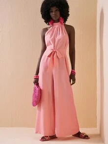 Slaydiva Mono de pierna ancha con cuello alto, bolsillos y abertura - Rosa - Rosa - Ver 4