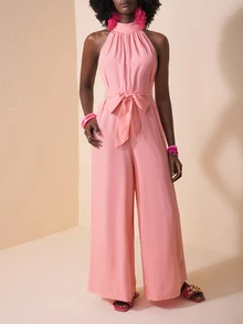 Slaydiva Mono de pierna ancha con cuello alto, bolsillos y abertura - Rosa - Rosa - Ver 5