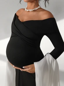 Cheriluna Maternity 优雅孕妇写真礼服，露肩褶皱长袖长款连衣裙 - 黑色 - 查看 9