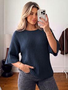 Vionelle Plus Size Women's Fashion Ribbed Perforated Rolled Hem Navy Blue 3/4 Sleeve Straight Leg Pullover Sweater Casual Top Suitable For Spring Summer Autumn - Navy Blue - View 1