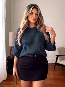 Vionelle Plus Size Women's Fashion Ribbed Perforated Rolled Hem Navy Blue 3/4 Sleeve Straight Leg Pullover Sweater Casual Top Suitable For Spring Summer Autumn - Navy Blue - View 5