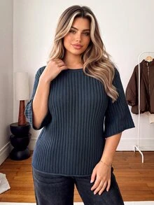 Vionelle Plus Size Women's Fashion Ribbed Perforated Rolled Hem Navy Blue 3/4 Sleeve Straight Leg Pullover Sweater Casual Top Suitable For Spring Summer Autumn - Navy Blue - View 2