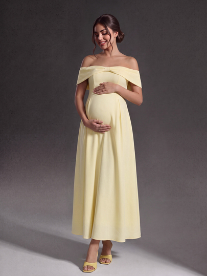 Cheriluna Maternity Summer Elegant Sexy Maternity Style Soft Yellow Cold Shoulder Square Neck Bowknot Shawl Full Skirt Dress, Wedding, Baby Shower Photoshoot