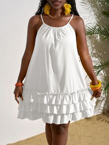 Slaydiva Women Spaghetti Strap Ruffle Hem Mini Dress,Bohemia - White - View 4