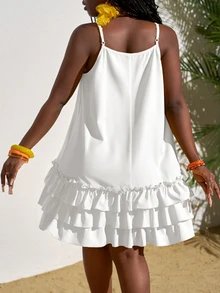 Slaydiva Women Spaghetti Strap Ruffle Hem Mini Dress,Bohemia - White - View 3