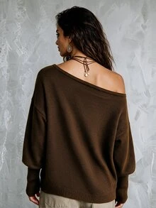LUMIGAL Women's Loose Asymmetrical Shoulder Dropped Shoulder Ribbed Cuff Long Sleeve Hem Slouchy Sweater Thanksgiving Going Out Dark Brown Autumn Casual - Coffee Brown - View 2