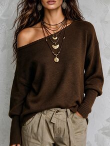 LUMIGAL Women's Loose Asymmetrical Shoulder Dropped Shoulder Ribbed Cuff Long Sleeve Hem Slouchy Sweater Thanksgiving Going Out Dark Brown Autumn Casual - Coffee Brown - View 3