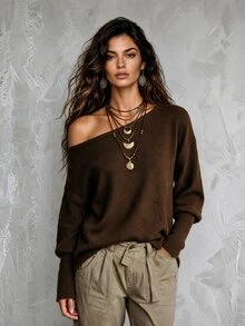 LUMIGAL Women's Loose Asymmetrical Shoulder Dropped Shoulder Ribbed Cuff Long Sleeve Hem Slouchy Sweater Thanksgiving Going Out Dark Brown Autumn Casual - Coffee Brown - View 6
