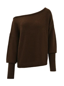 LUMIGAL Women's Loose Asymmetrical Shoulder Dropped Shoulder Ribbed Cuff Long Sleeve Hem Slouchy Sweater Thanksgiving Going Out Dark Brown Autumn Casual - Coffee Brown - View 5
