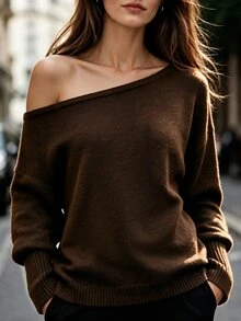 LUMIGAL Women's Loose Asymmetrical Shoulder Dropped Shoulder Ribbed Cuff Long Sleeve Hem Slouchy Sweater Thanksgiving Going Out Dark Brown Autumn Casual - Coffee Brown - View 4